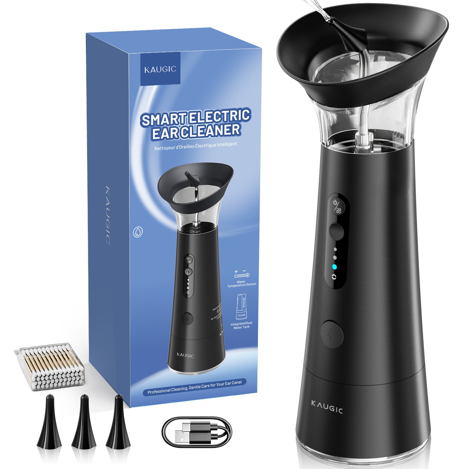 Ear Wax Removal with One-Piece Waste Tank, FSA-HSA-Eligible, Water Powered Ear Cleaner, Electric Ear Cleaning Kit with Water Temperature Sensor, Ear Irrigation Flushing System, Black