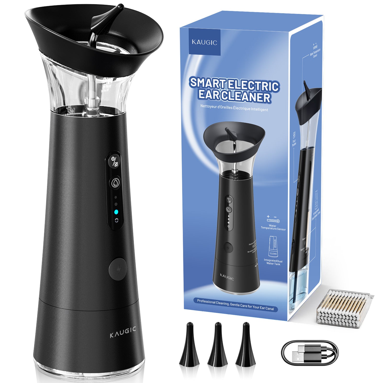 Ear Wax Removal with One-Piece Waste Tank, FSA-HSA-Eligible, Water Powered Ear Cleaner, Electric Ear Cleaning Kit with Water Temperature Sensor, Ear Irrigation Flushing System, Black