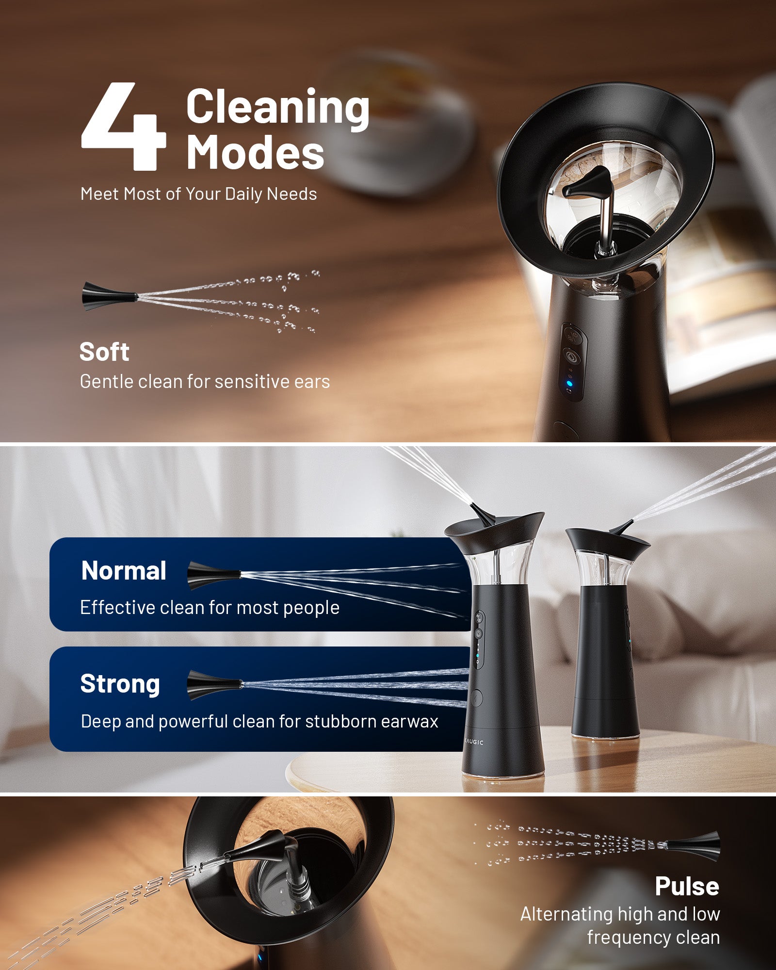 Ear Wax Removal with One-Piece Waste Tank, FSA-HSA-Eligible, Water Powered Ear Cleaner, Electric Ear Cleaning Kit with Water Temperature Sensor, Ear Irrigation Flushing System, Black